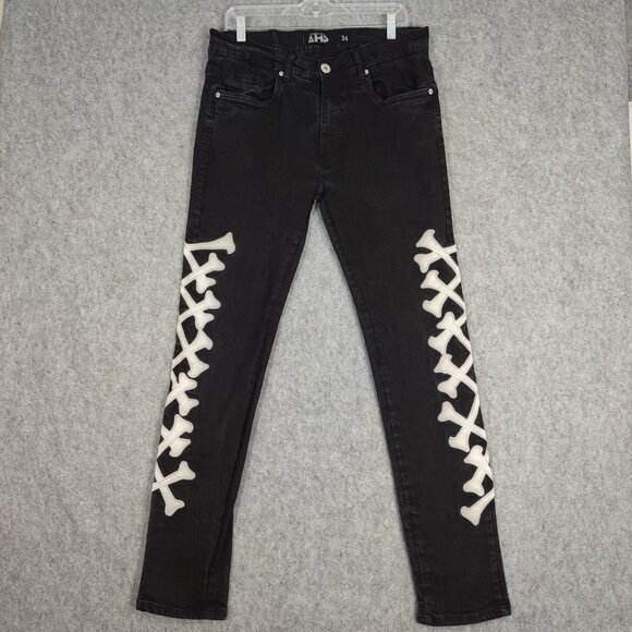 AHP Another Hype Piece Jeans Mens 34x31 Black Slim Straight Pant Crossbones Flaw - Picture 2 of 12